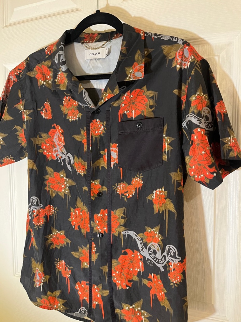 COACH Black Short-Sleeve Button-Down Shirt with Red Floral Print